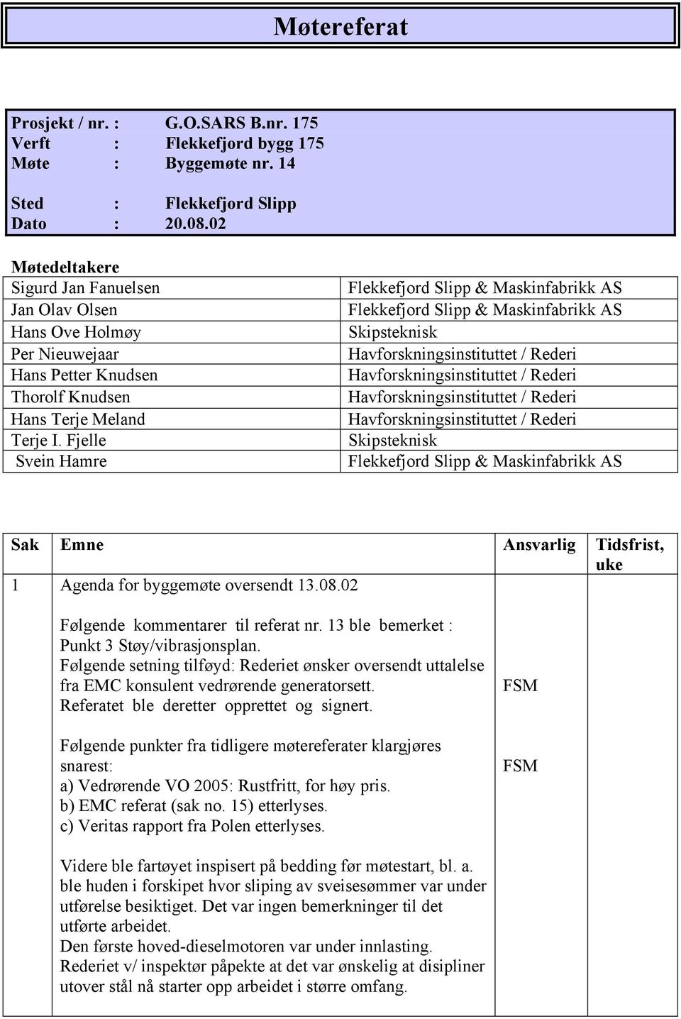 Fjelle Svein Hamre Skipsteknisk Skipsteknisk Sak Emne Ansvarlig Tidsfrist, uke 1 Agenda for byggemøte oversendt 13.08.02 Følgende kommentarer til referat nr.