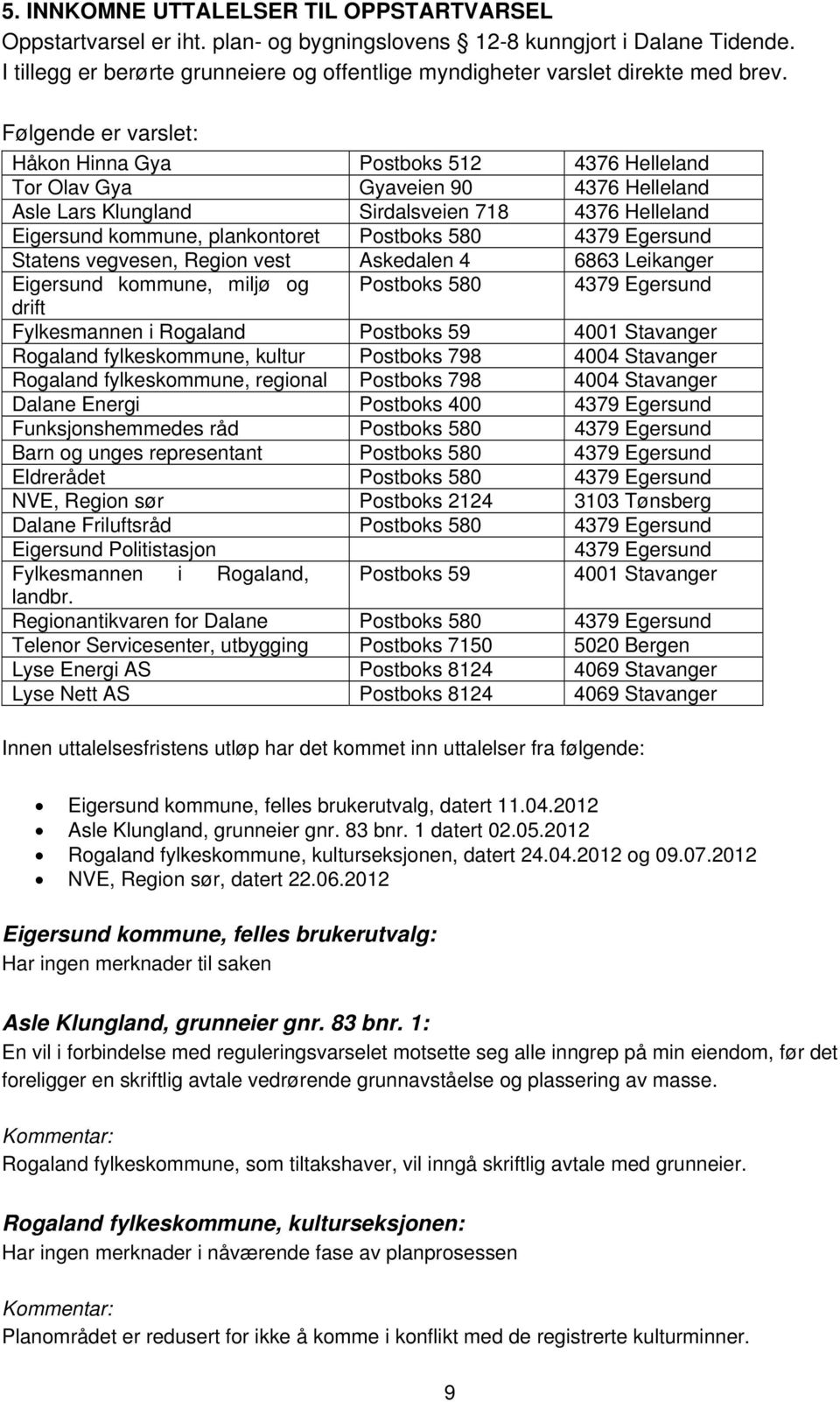 Følgende er varslet: Håkon Hinna Gya Postboks 512 4376 Helleland Tor Olav Gya Gyaveien 90 4376 Helleland Asle Lars Klungland Sirdalsveien 718 4376 Helleland Eigersund kommune, plankontoret Postboks