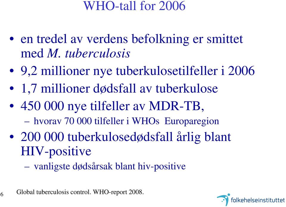 tuberkulose 450 000 nye tilfeller av MDR-TB, hvorav 70 000 tilfeller i WHOs Europaregion 200