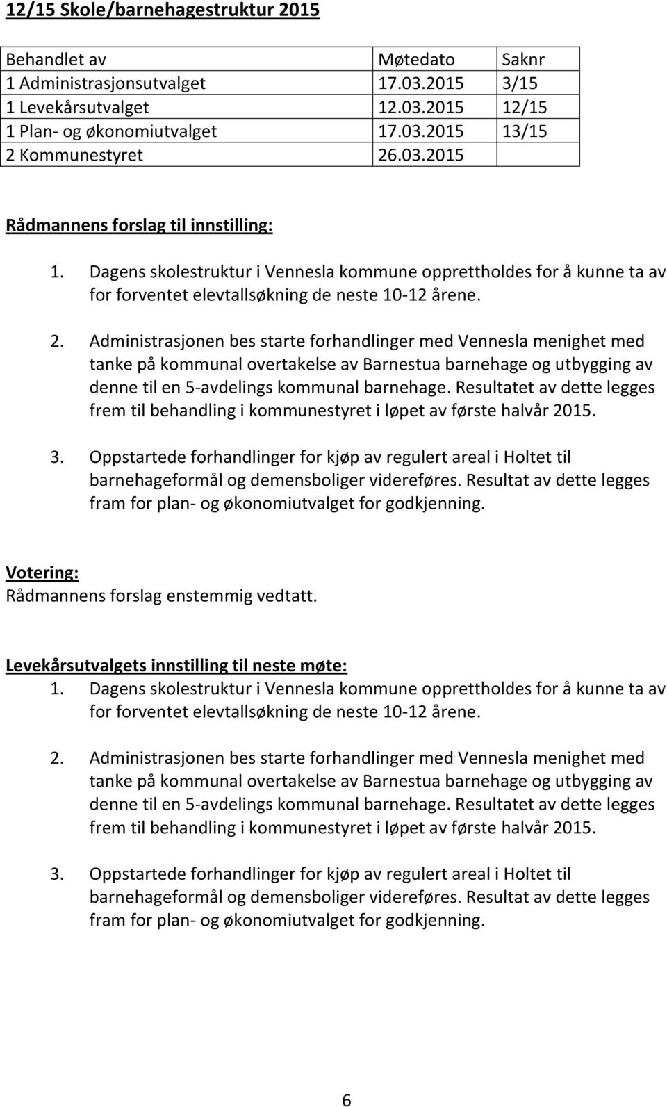 Administrasjonen bes starte forhandlinger med Vennesla menighet med tanke på kommunal overtakelse av Barnestua barnehage og utbygging av denne til en 5-avdelings kommunal barnehage.