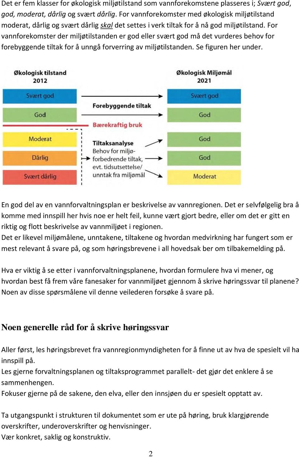 For vannforekomster der miljøtilstanden er god eller svært god må det vurderes behov for forebyggende tiltak for å unngå forverring av miljøtilstanden. Se figuren her under.