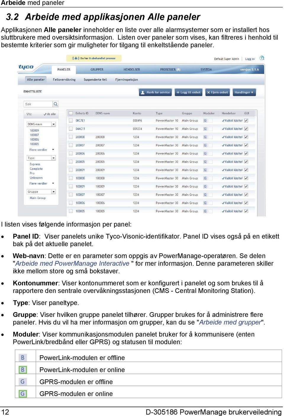 I listen vises følgende informasjon per panel: Panel ID: Viser panelets unike Tyco-Visonic-identifikator. Panel ID vises også på en etikett bak på det aktuelle panelet.