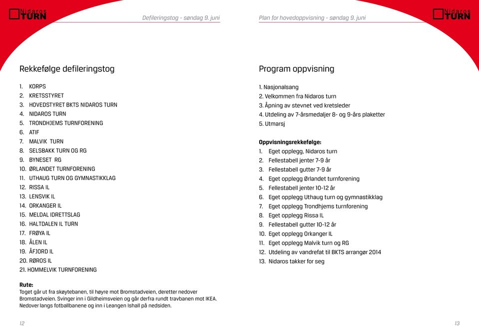 MELDAL IDRETTSLAG 16. HALTDALEN IL TURN 17. FRØYA IL 18. ÅLEN IL 19. ÅFJORD IL 20. RØROS IL 21. HOMMELVIK TURNFORENING Program oppvisning 1. Nasjonalsang 2. Velkommen fra Nidaros turn 3.