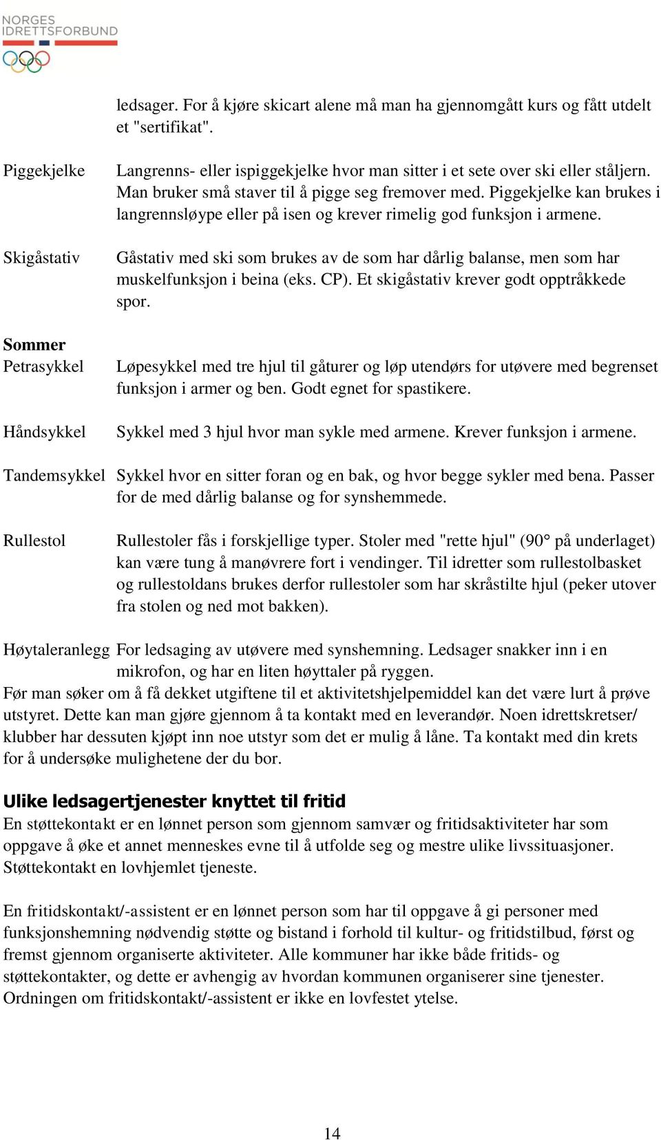 Piggekjelke kan brukes i langrennsløype eller på isen og krever rimelig god funksjon i armene. Gåstativ med ski som brukes av de som har dårlig balanse, men som har muskelfunksjon i beina (eks. CP).