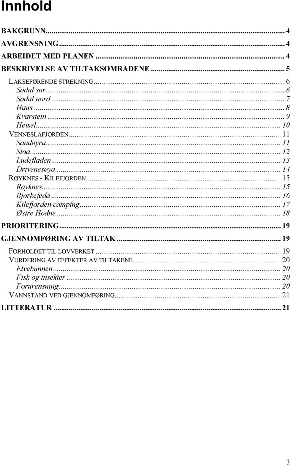 .. 15 Røyknes... 15 Bjørkefeda... 16 Kilefjorden camping... 17 Østre Hodne...18 PRIORITERING...19 GJENNOMFØRING AV TILTAK... 19 FORHOLDET TIL LOVVERKET.