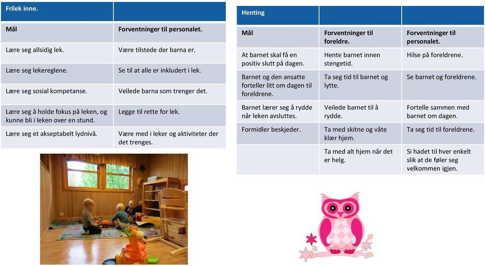 Hilse på foreldrene. Se barnet og foreldrene. Lære seg å holde fokus på leken, og kunne bli i leken over en stund. Lære seg et akseptabelt lydnivå. Legge til rette for lek.