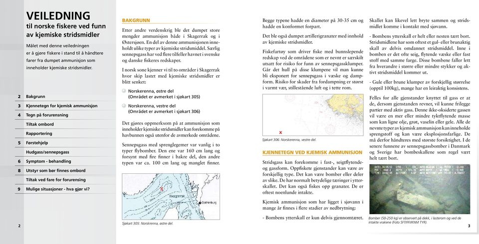 Bakgrunn Kjennetegn for kjemisk ammunisjon Tegn på forurensning Tiltak ombord Rapportering Førstehjelp Hudgass/sennepsgass Symptom - behandling Utstyr som bør finnes ombord Tiltak ved fare for