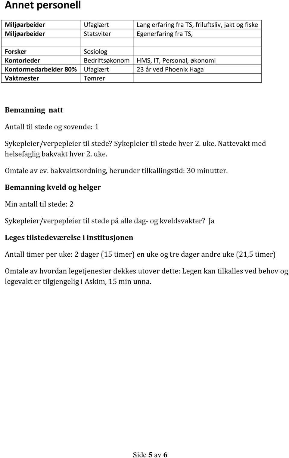 Nattevakt med helsefaglig bakvakt hver 2. uke. Omtale av ev. bakvaktsordning, herunder tilkallingstid: 30 minutter.