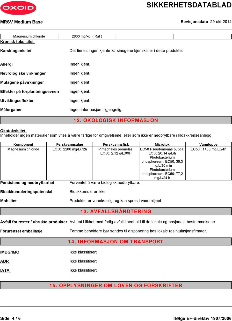 ØKOLOGISK INFORMASJON Økotoksisitet Inneholder ingen materialer som vites å være farlige for omgivelsene, eller som ikke er nedbrytbare i kloakkrenseanlegg.