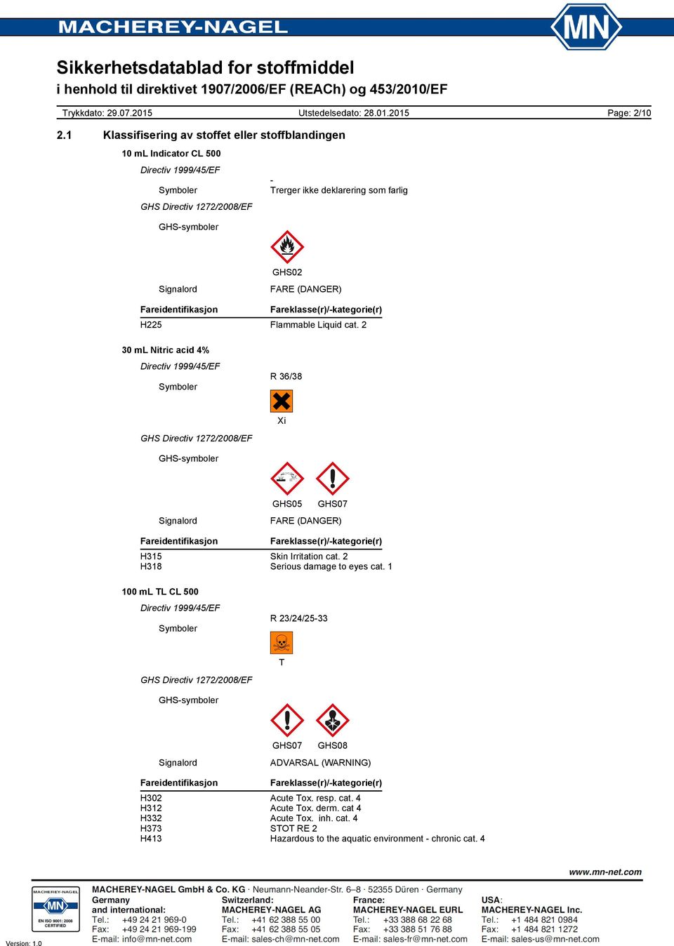 Fareklasse(r)/-kategorie(r) H225 Flammable Liquid cat.