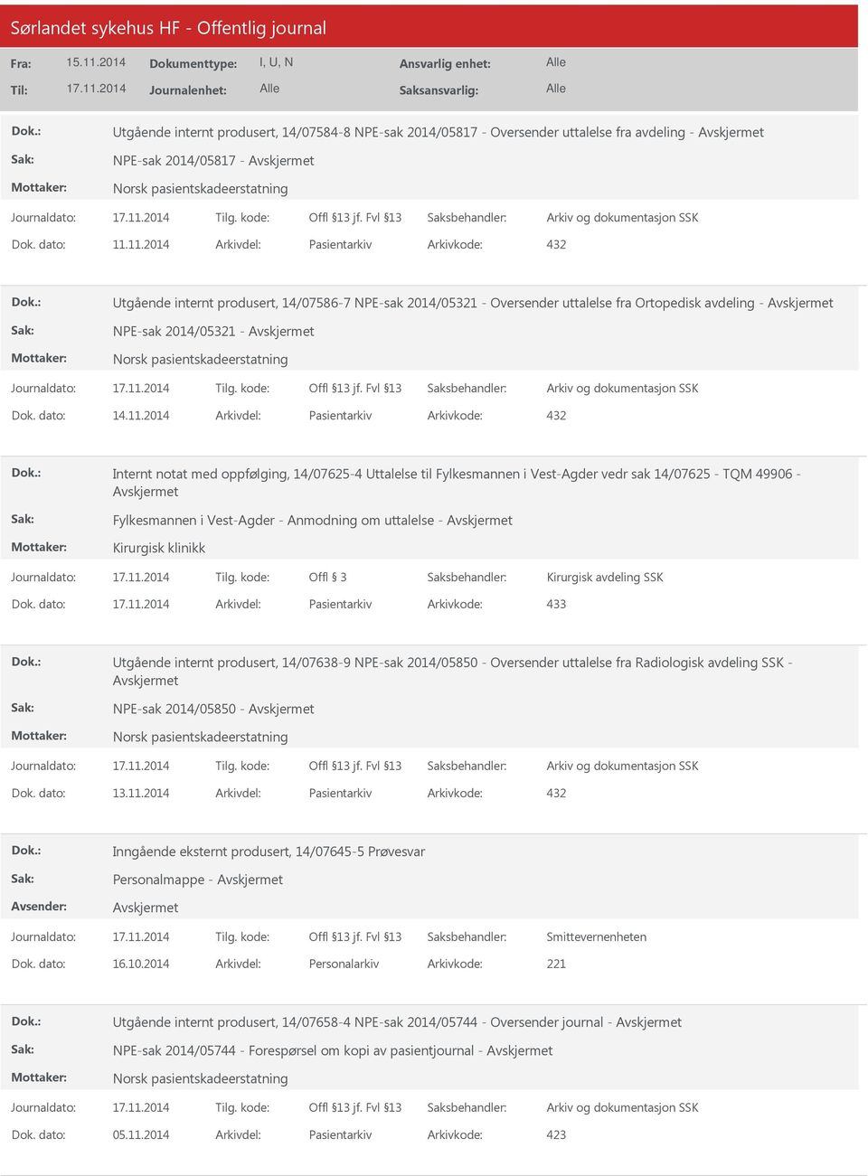 oppfølging, 14/07625-4 ttalelse til Fylkesmannen i Vest-Agder vedr sak 14/07625 - TQM 49906 - Fylkesmannen i Vest-Agder - Anmodning om uttalelse - Kirurgisk klinikk Offl 3 Kirurgisk avdeling SSK