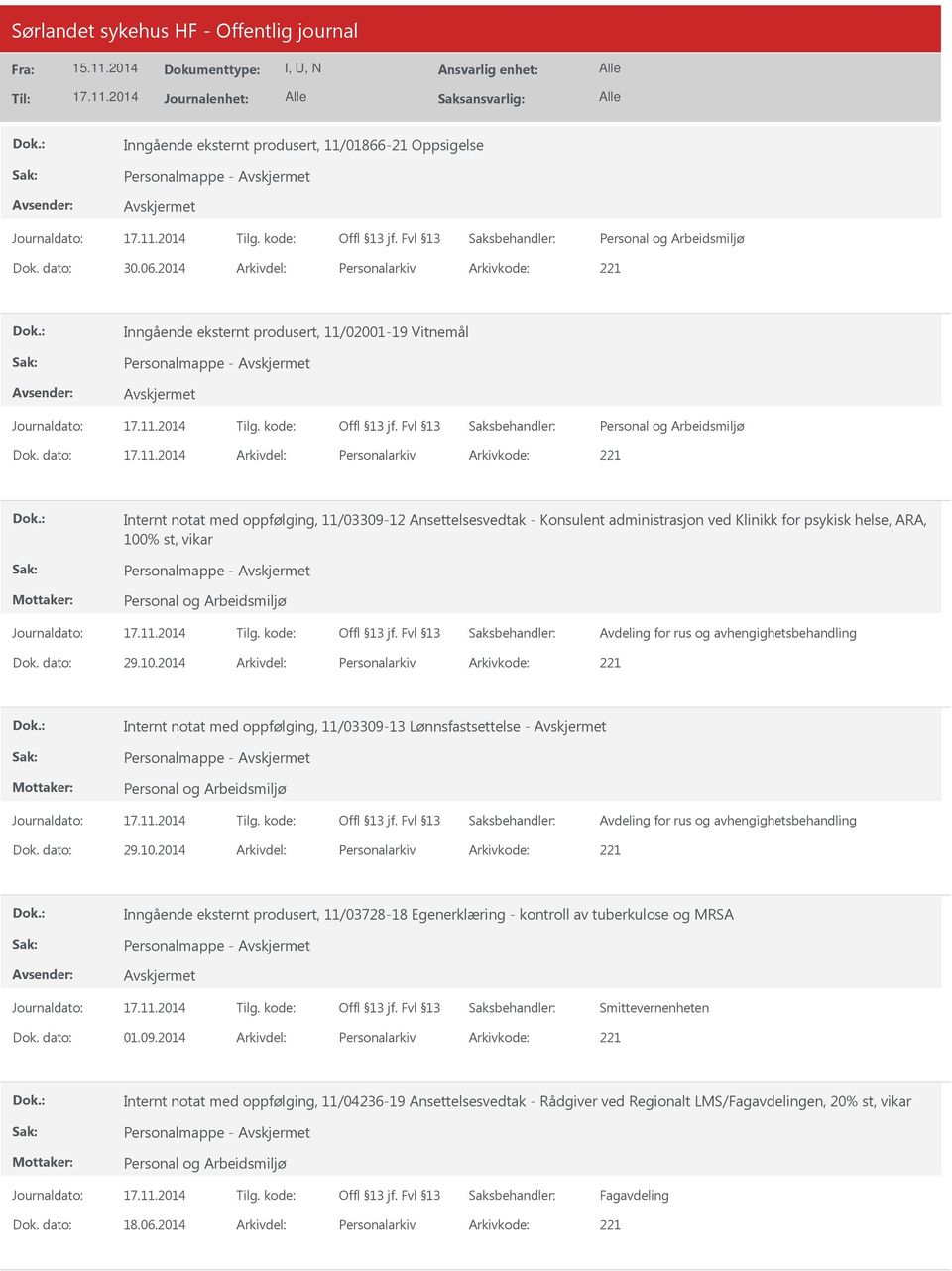 Klinikk for psykisk helse, ARA, 100% st, vikar Personalmappe - Avdeling for rus og avhengighetsbehandling 29.10.2014 Personalarkiv 221 Internt notat med oppfølging, 11/03309-13 Lønnsfastsettelse - Personalmappe - Avdeling for rus og avhengighetsbehandling 29.