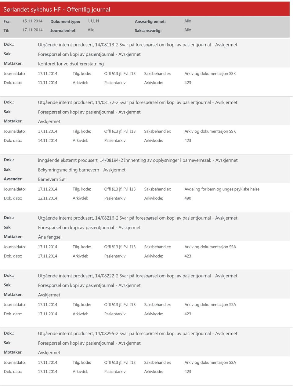 11.2014 Pasientarkiv 490 tgående internt produsert, 14/08216-2 Svar på forespørsel om kopi av pasientjournal - Forespørsel om kopi av pasientjournal - Åna fengsel Arkiv og dokumentasjon SSA