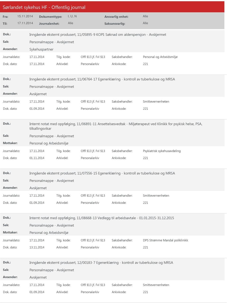 2014 Personalarkiv 221 Internt notat med oppfølging, 11/06891-11 Ansettelsesvedtak - Miljøterapeut ved Klinikk for psykisk helse, PSA, tilkallingsvikar Personalmappe - Psykiatrisk sykehusavdeling 01.