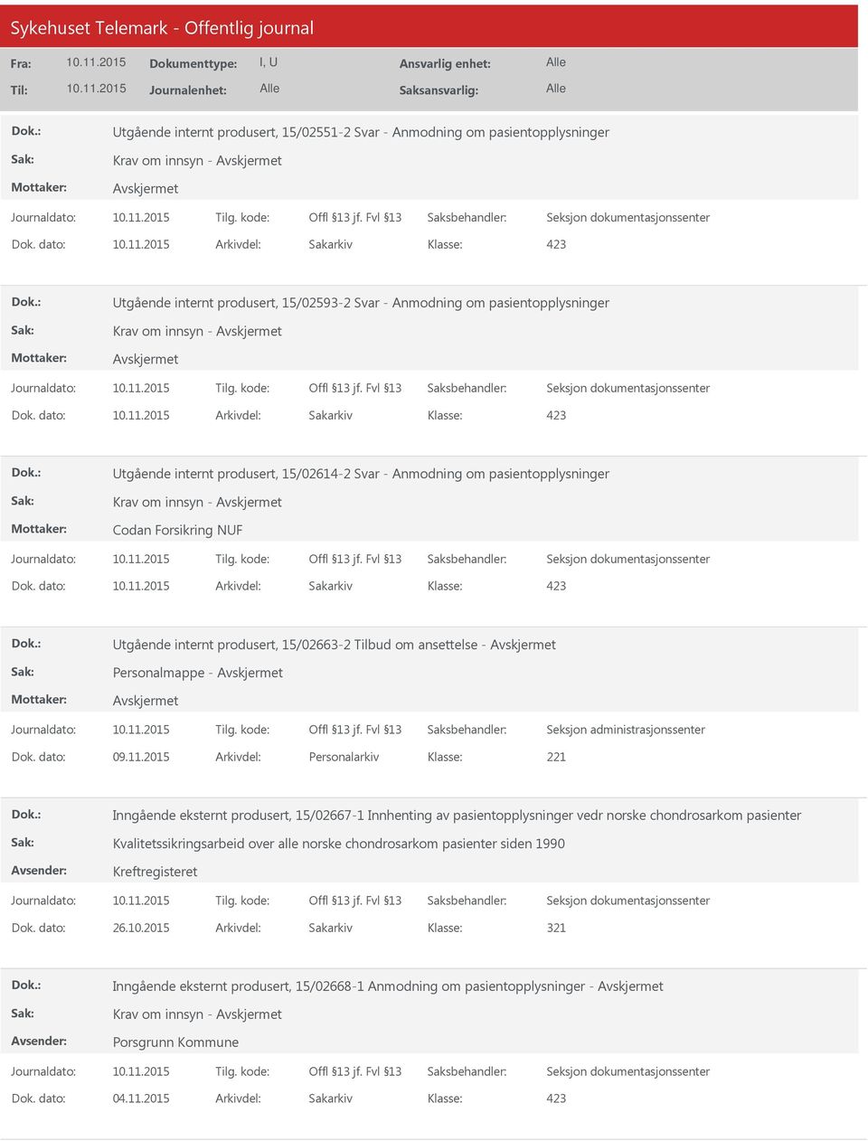 dokumentasjonssenter 423 Utgående internt produsert, 15/02663-2 Tilbud om ansettelse - Personalmappe - Dok. dato: 09.11.