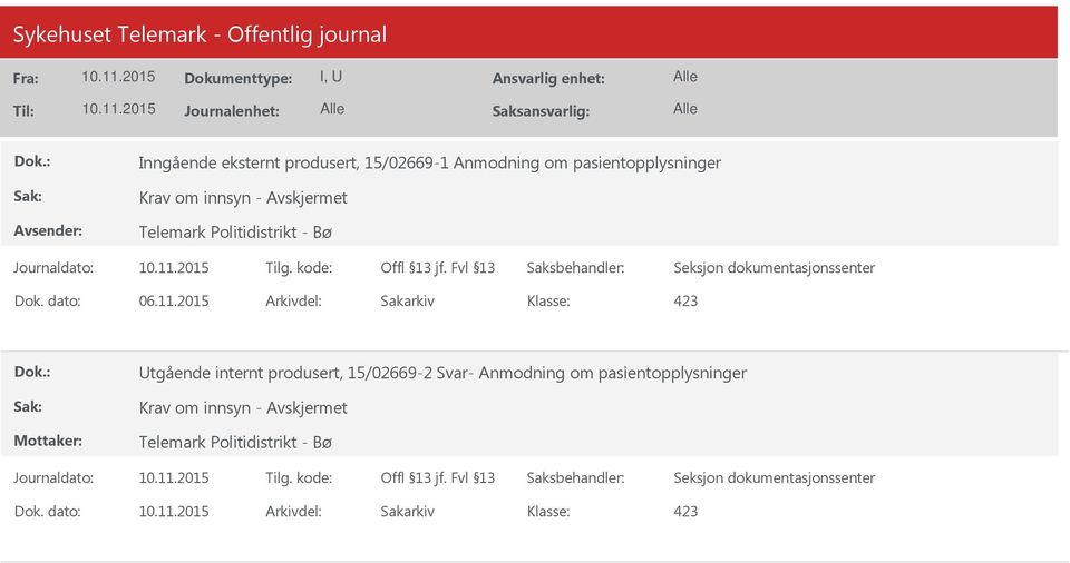 2015 Arkivdel: Sakarkiv 423 Utgående internt produsert, 15/02669-2 Svar- Anmodning om