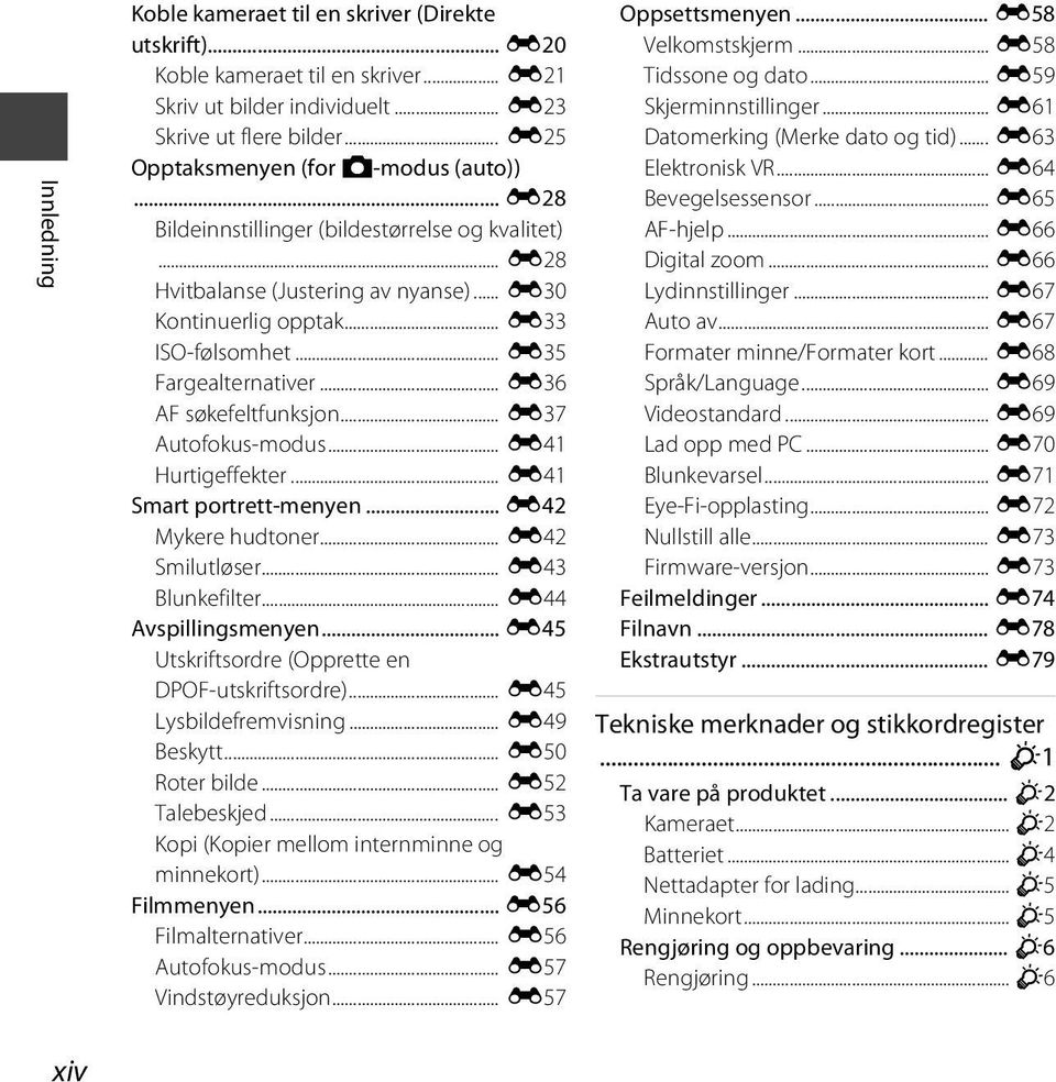 .. E35 Fargealternativer... E36 AF søkefeltfunksjon... E37 Autofokus-modus... E41 Hurtigeffekter... E41 Smart portrett-menyen... E42 Mykere hudtoner... E42 Smilutløser... E43 Blunkefilter.