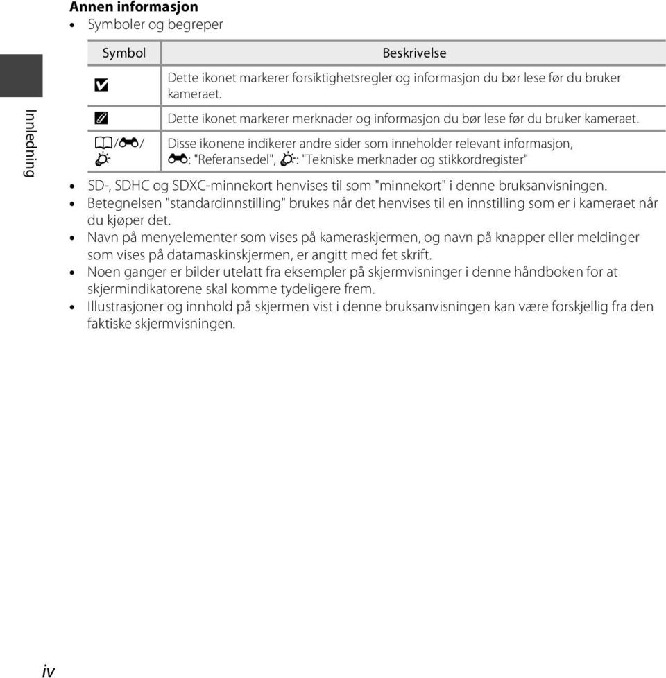 Disse ikonene indikerer andre sider som inneholder relevant informasjon, E: "Referansedel", F: "Tekniske merknader og stikkordregister" SD-, SDHC og SDXC-minnekort henvises til som "minnekort" i