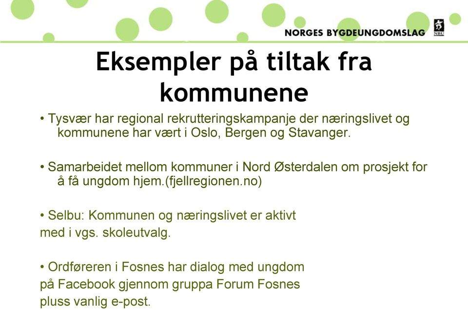 Samarbeidet mellom kommuner i Nord Østerdalen om prosjekt for å få ungdom hjem.(fjellregionen.