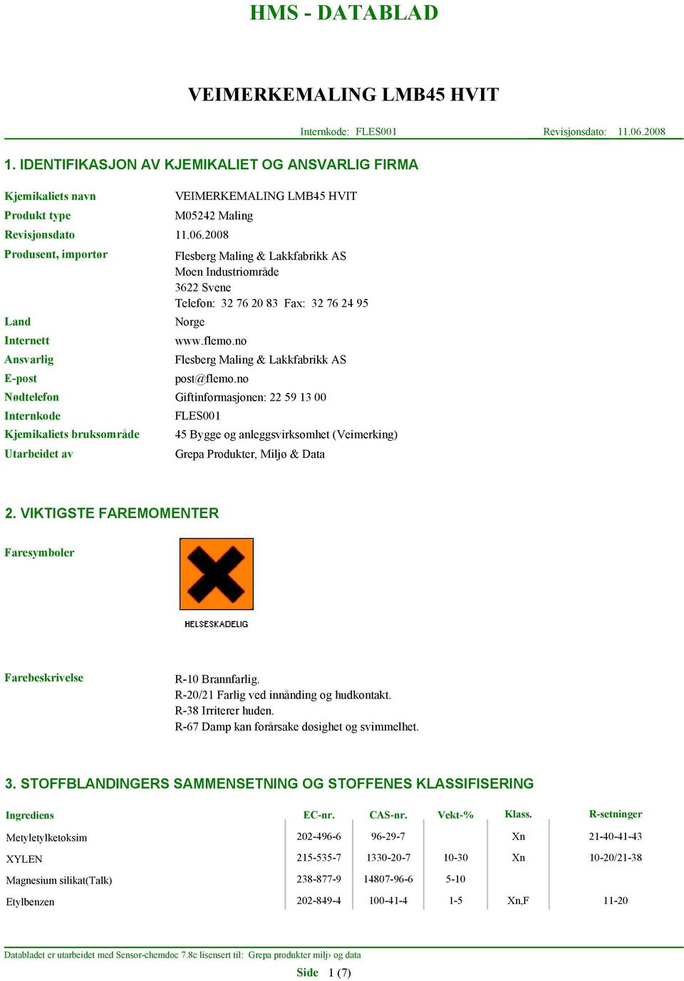 2008 Produsent, importør Land Internett Ansvarlig E-post Nødtelefon Internkode Kjemikaliets bruksområde Utarbeidet av Flesberg Maling & Lakkfabrikk AS Moen Industriområde 3622 Svene Telefon: 32 76 20