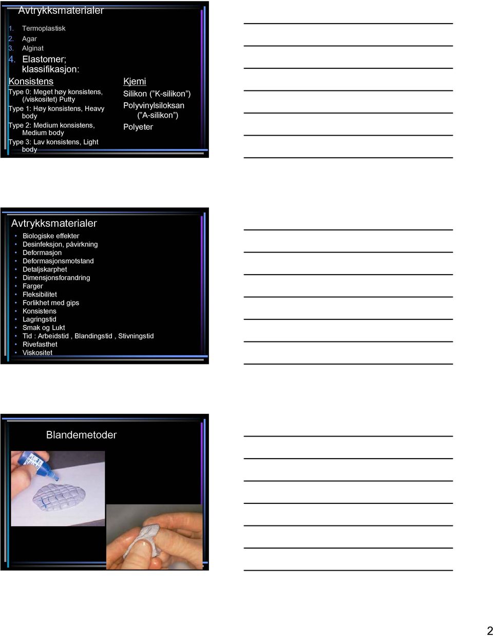 Medium body Type 3: Lav konsistens, Light body Kjemi Silikon ( K-silikon ) Polyvinylsiloksan ( A-silikon ) Polyeter Avtrykksmaterialer Biologiske