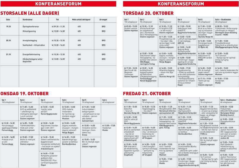 10 Åpningskonferanse Klimatilpasning Arealplanlegging Samferdsel Infrastruktur Energieffektivisering Håndverksfagene setter dagsorden kl 09.30 11.30 kl 13.00 16.30 kl 10.30 12.30 kl 13.30 16.45 kl 10.