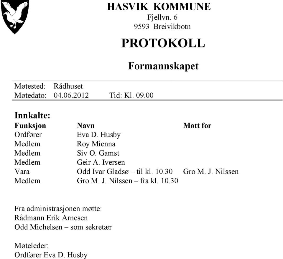 Eva D. Husby Roy Mienna Siv O. Gamst Geir A. Iversen Odd Ivar Gladsø til kl. 10.30 Gro M. J. Nilssen fra kl.