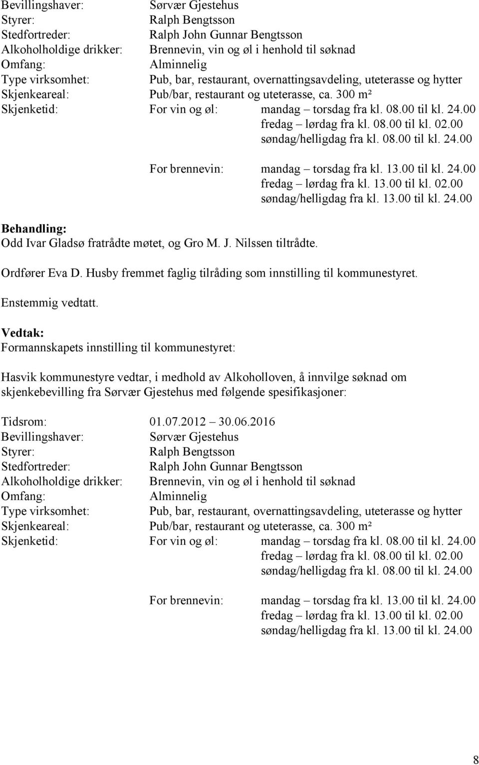00 fredag lørdag fra kl. 08.00 til kl. 02.00 søndag/helligdag fra kl. 08.00 til kl. 24.00 For brennevin: mandag torsdag fra kl. 13.00 til kl. 24.00 fredag lørdag fra kl. 13.00 til kl. 02.00 søndag/helligdag fra kl. 13.00 til kl. 24.00 Odd Ivar Gladsø fratrådte møtet, og Gro M.