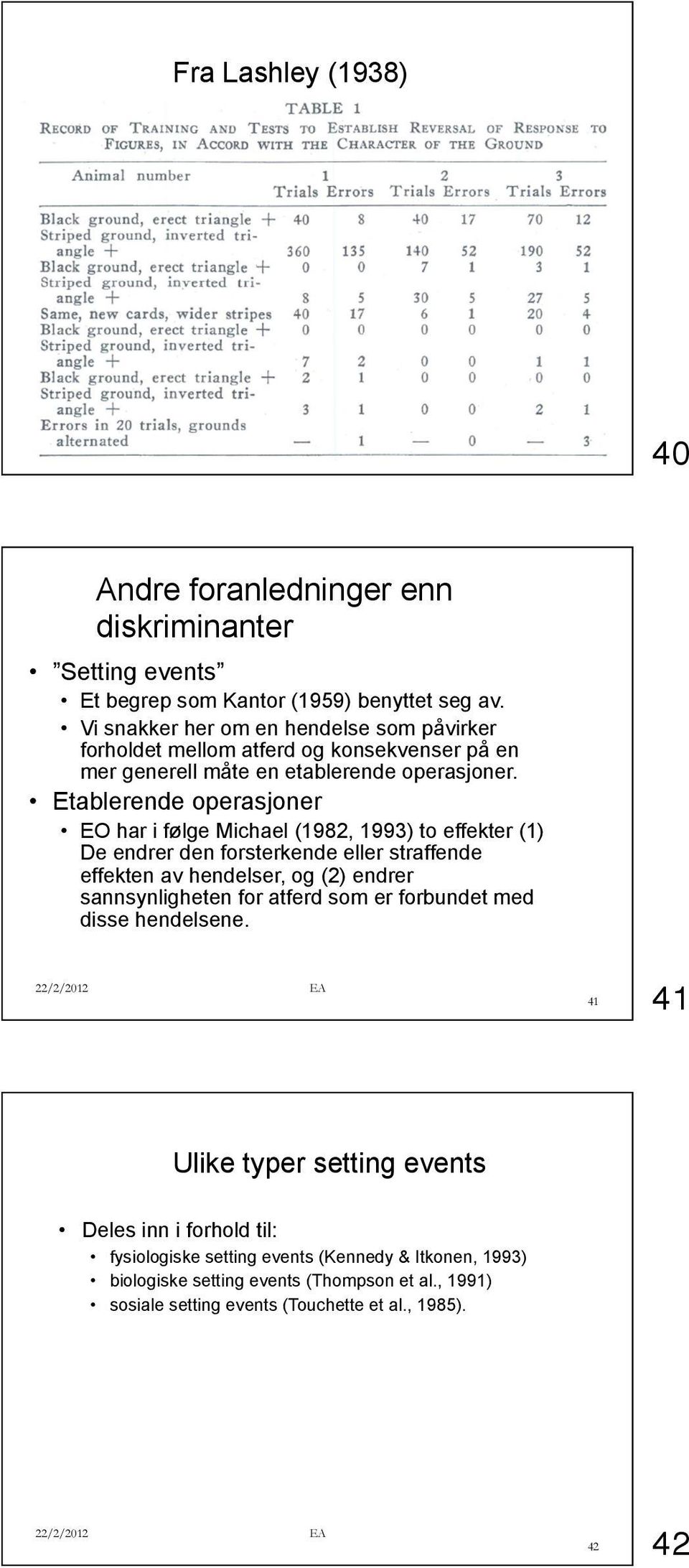 Etablerende operasjoner EO har i følge Michael (1982, 1993) to effekter (1) De endrer den forsterkende eller straffende effekten av hendelser, og (2) endrer sannsynligheten