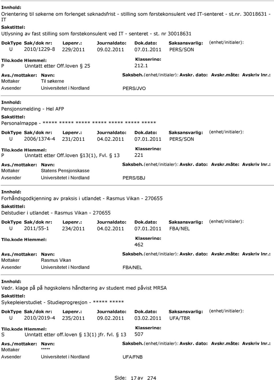 1 Mottaker Til søkerne niversitetet i Nordland ER/JVO ensjonsmelding - Hel AF ersonalmappe - ***** ***** ***** ***** ***** ***** ***** 2006/1374-4 231/2011 07.01.2011 ER/ON nntatt etter Off.