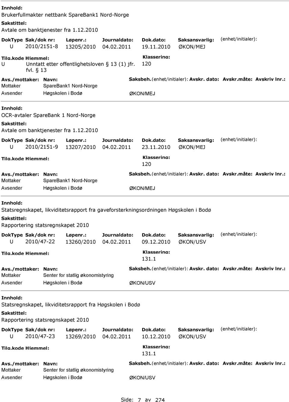 2010 ØKON/MEJ 120 Mottaker parebank1 Nord-Norge Høgskolen i Bodø ØKON/MEJ tatsregnskapet, likviditetsrapport fra gaveforsterkningsordningen Høgskolen i Bodø Rapportering statsregnskapet 2010