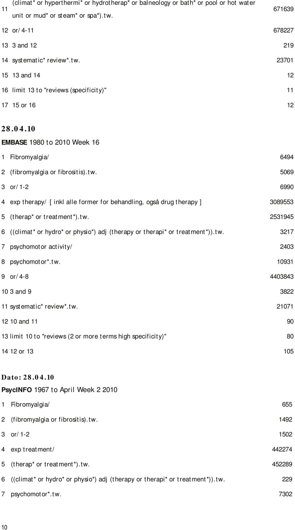 10 EMBASE 1980 to 2010 Week 16 1 Fibromyalgia/ 6494 2 (fibromyalgia or fibrositis).tw.