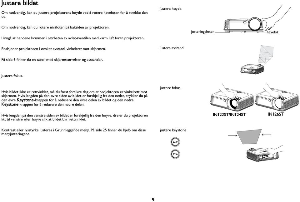 justere avstand På side 6 finner du en tabell med skjermstørrelser og avstander. Justere fokus. Hvis bildet ikke er rettvinklet, må du først forsikre deg om at projektoren er vinkelrett mot skjermen.