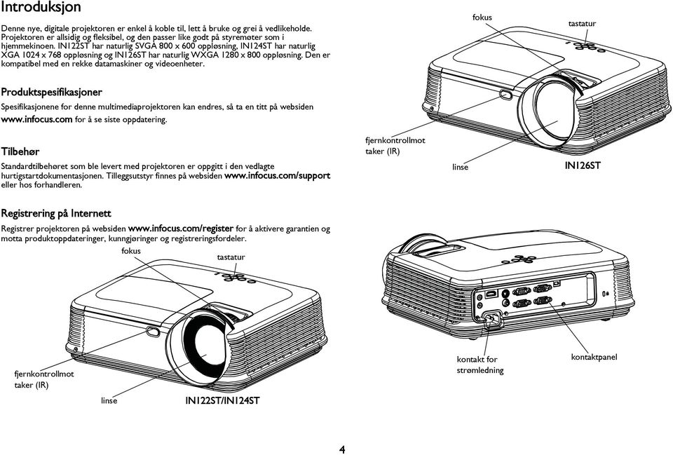 Den er kompatibel med en rekke datamaskiner og videoenheter. fokus tastatur Produktspesifikasjoner Spesifikasjonene for denne multimediaprojektoren kan endres, så ta en titt på websiden www.infocus.