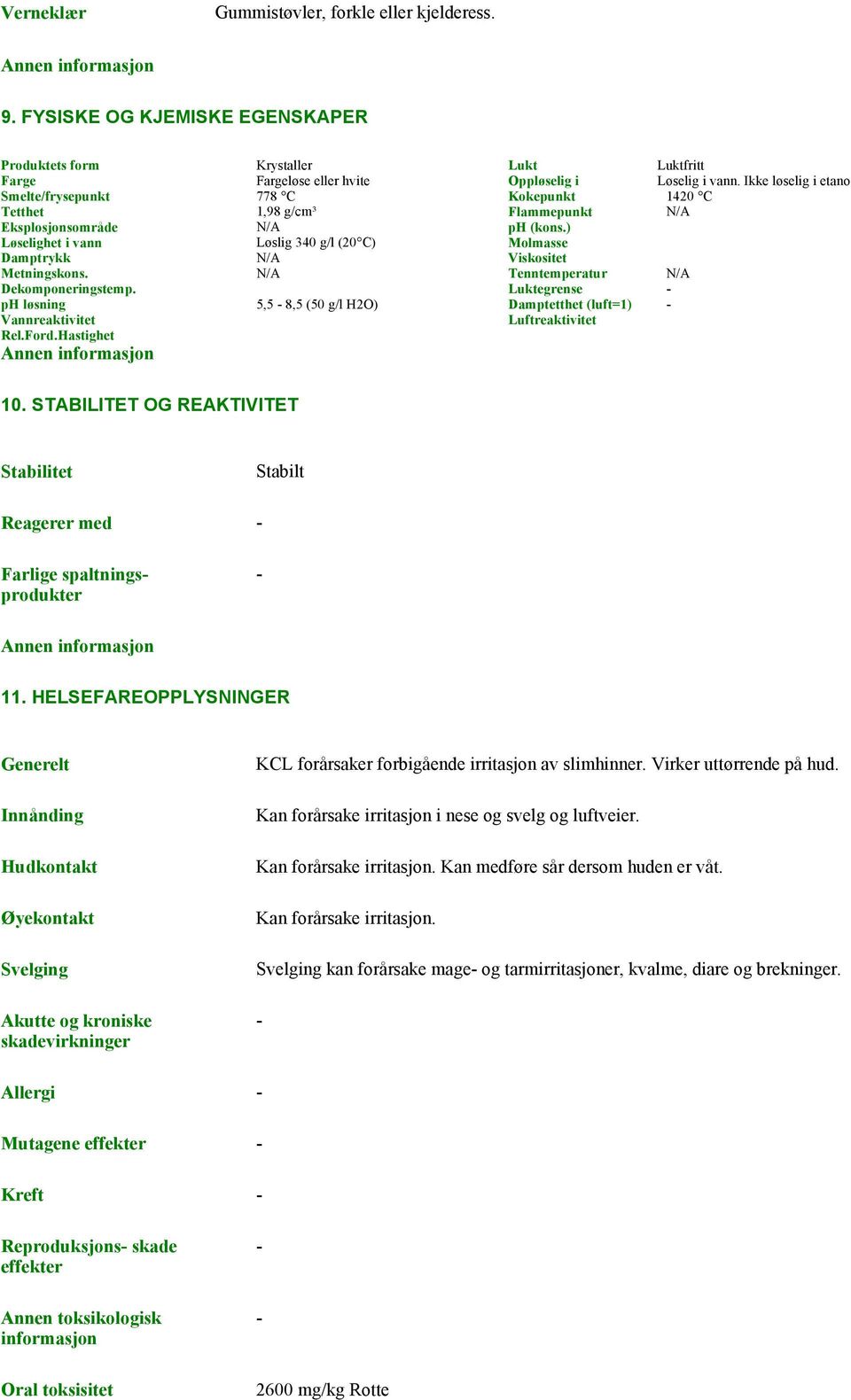 ) Løselighet i vann Løslig 340 g/l (20 C) Molmasse Damptrykk N/A Viskositet Metningskons. N/A Tenntemperatur N/A Dekomponeringstemp.