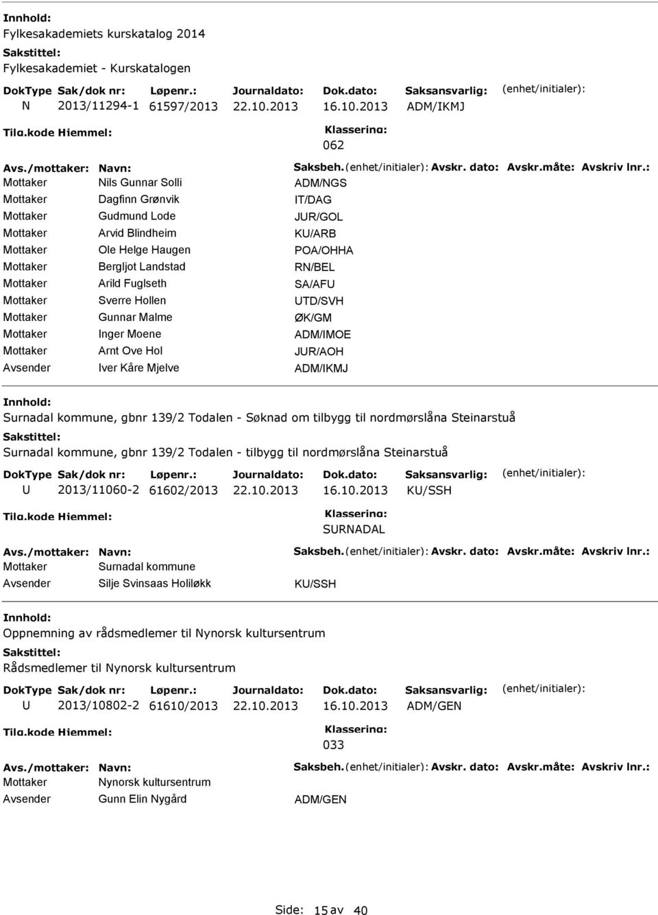 Landstad RN/BEL Mottaker Arild Fuglseth SA/AF Mottaker Sverre Hollen TD/SVH Mottaker Gunnar Malme ØK/GM Mottaker nger Moene ADM/MOE Mottaker Arnt Ove Hol JR/AOH ver Kåre Mjelve ADM/KMJ Surnadal