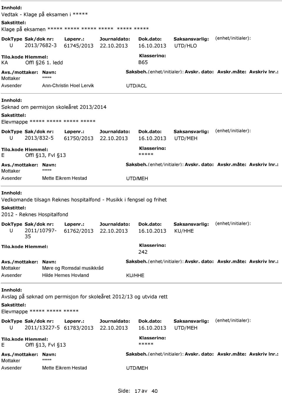 2013 TD/MEH E Mette Eikrem Hestad TD/MEH Vedkomande tilsagn Reknes hospitalfond - Musikk i fengsel og frihet 2012 - Reknes Hospitalfond Sak/dok nr: 2011/10797-35