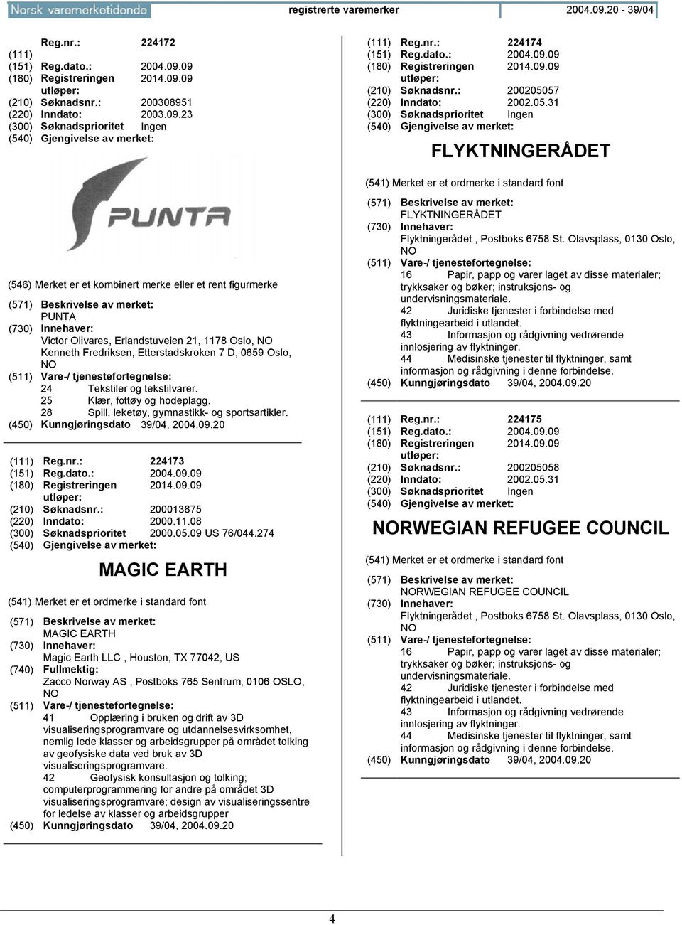 57 (220) Inndato: 2002.05.31 FLYKTNINGERÅDET PUNTA Victor Olivares, Erlandstuveien 21, 1178 Oslo, Kenneth Fredriksen, Etterstadskroken 7 D, 0659 Oslo, 24 Tekstiler og tekstilvarer.