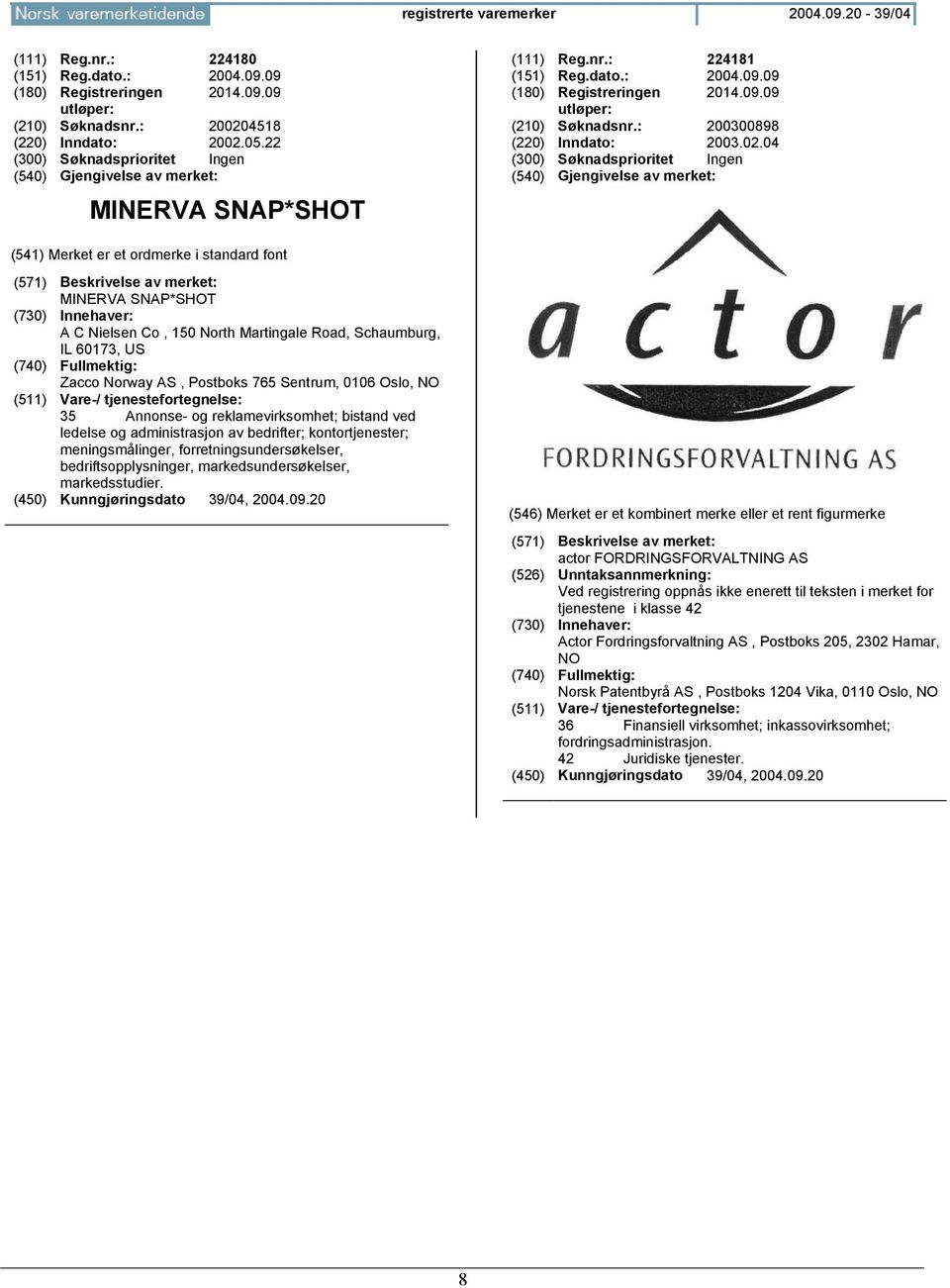 04 MINERVA SNAP*SHOT A C Nielsen Co, 150 North Martingale Road, Schaumburg, IL 60173, US Zacco Norway AS, Postboks 765 Sentrum, 0106 Oslo, 35 Annonse- og reklamevirksomhet; bistand ved ledelse og