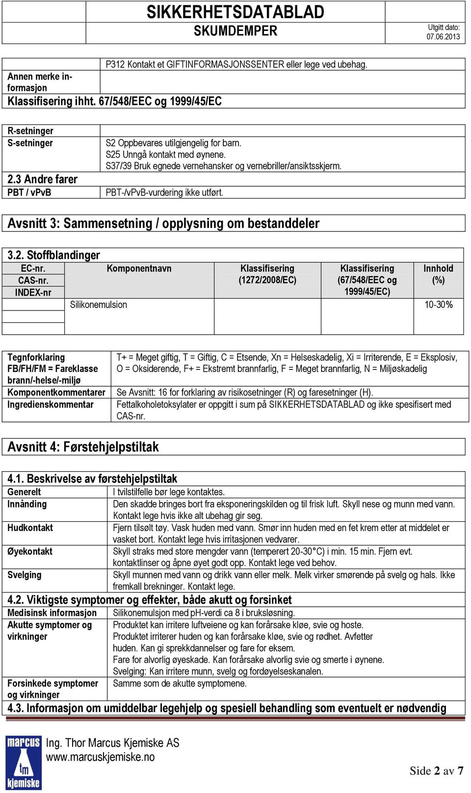 Avsnitt 3: Sammensetning / opplysning om bestanddeler 3.2. Stoffblandinger EC-nr. Komponentnavn Klassifisering Klassifisering Innhold CAS-nr.