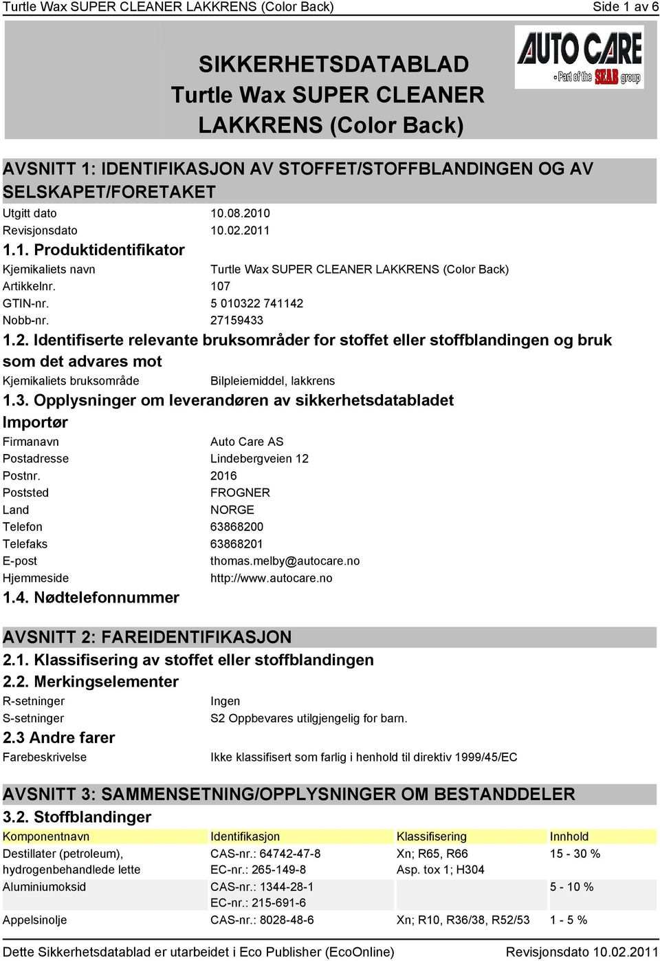 5 010322 741142 Nobb-nr. 27159433 1.2. Identifiserte relevante bruksområder for stoffet eller stoffblandingen og bruk som det advares mot Kjemikaliets bruksområde Bilpleiemiddel, lakkrens 1.3. Opplysninger om leverandøren av sikkerhetsdatabladet Importør Firmanavn Auto Care AS Postadresse Lindebergveien 12 Postnr.