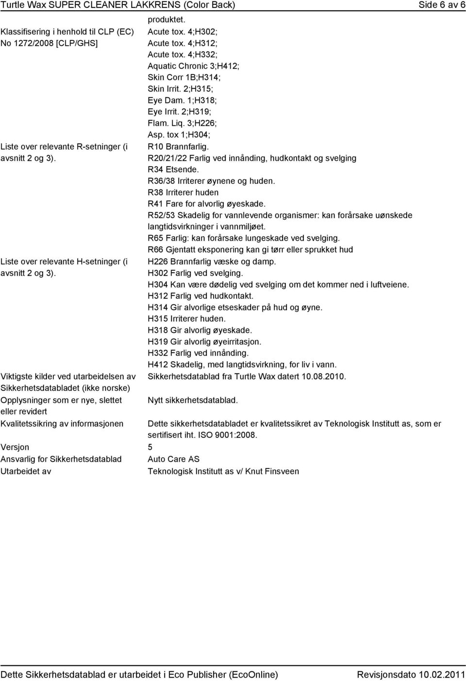 Viktigste kilder ved utarbeidelsen av Sikkerhetsdatabladet (ikke norske) Opplysninger som er nye, slettet eller revidert Kvalitetssikring av informasjonen produktet. Acute tox. 4;H302; Acute tox.