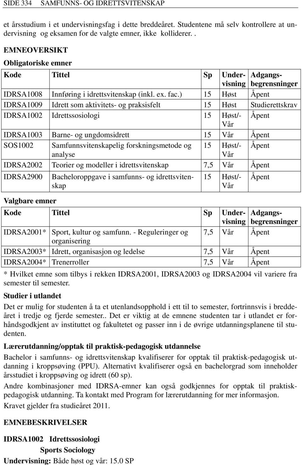 ) 15 Høst Åpent IDRSA1009 Idrett som aktivitets- og praksisfelt 15 Høst Studierettskrav IDRSA1002 Idrettssosiologi 15 Høst/- Åpent Vår IDRSA1003 Barne- og ungdomsidrett 15 Vår Åpent SOS1002