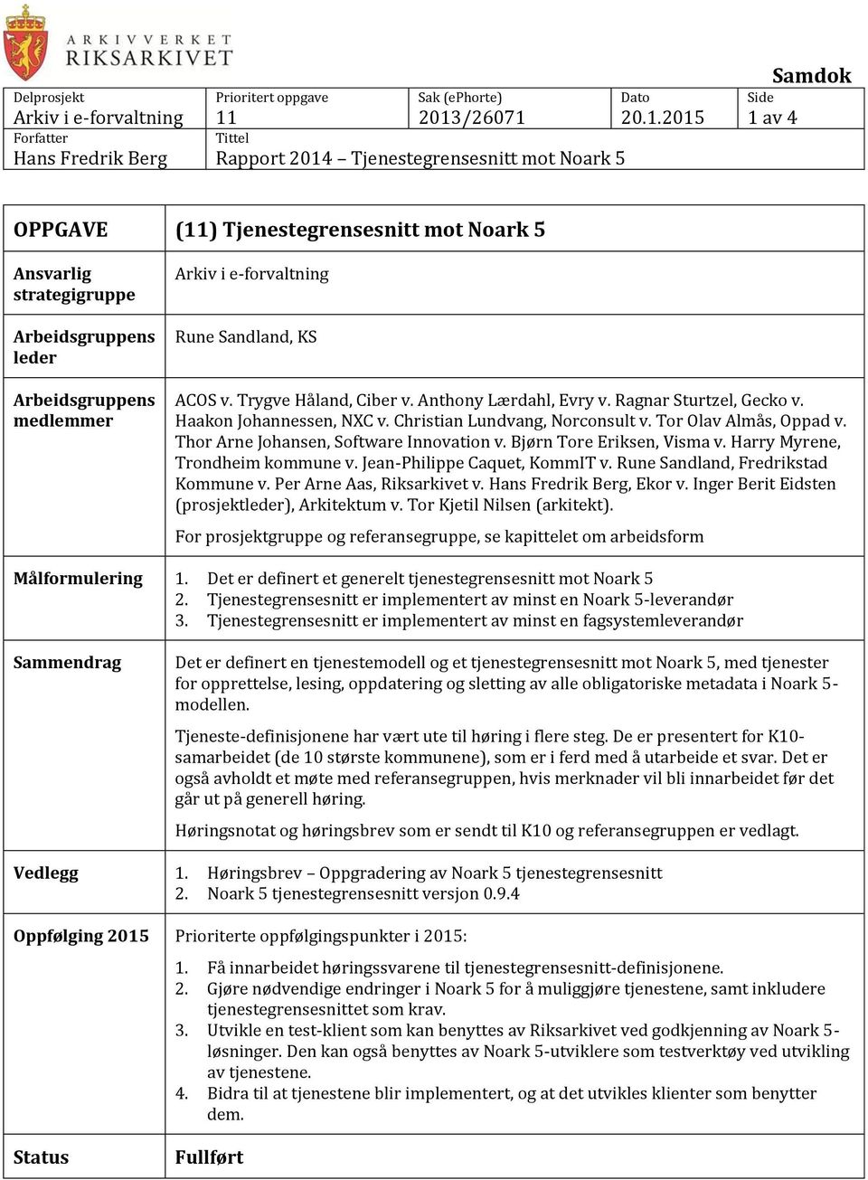 Harry Myrene, Trondheim kommune v. Jean-Philippe Caquet, KommIT v. Rune Sandland, Fredrikstad Kommune v. Per Arne Aas, Riksarkivet v., Ekor v. Inger Berit Eidsten (prosjektleder), Arkitektum v.