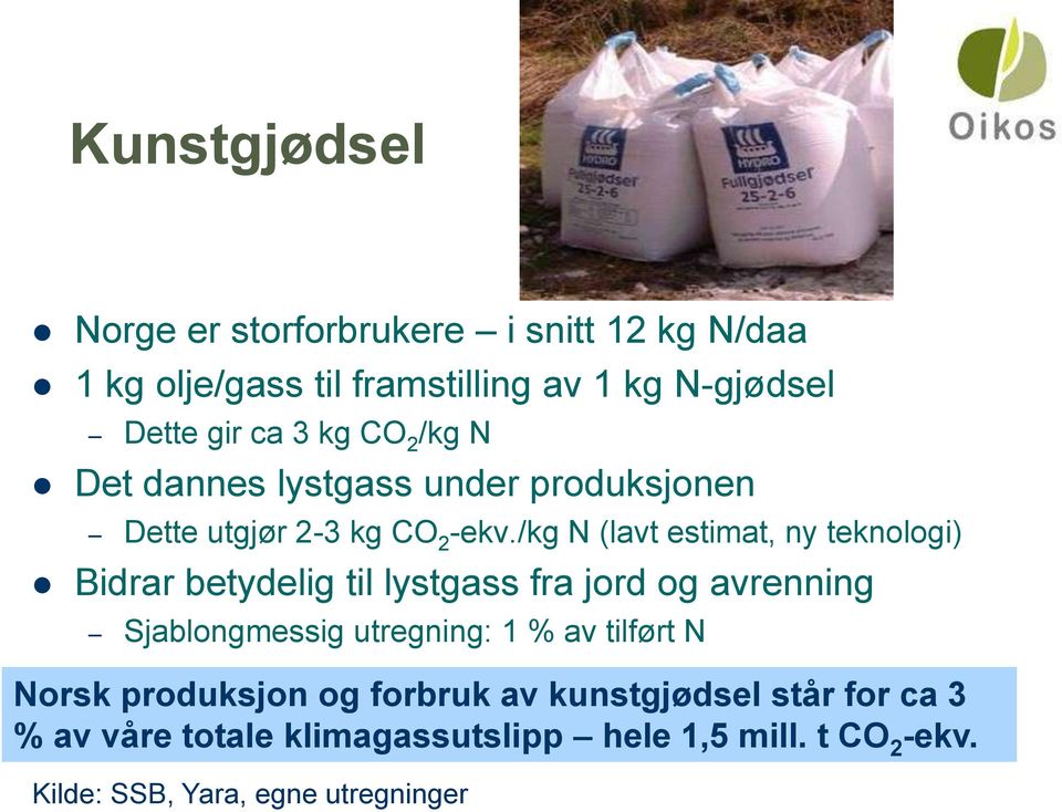 /kg N (lavt estimat, ny teknologi) Bidrar betydelig til lystgass fra jord og avrenning Sjablongmessig utregning: 1 % av