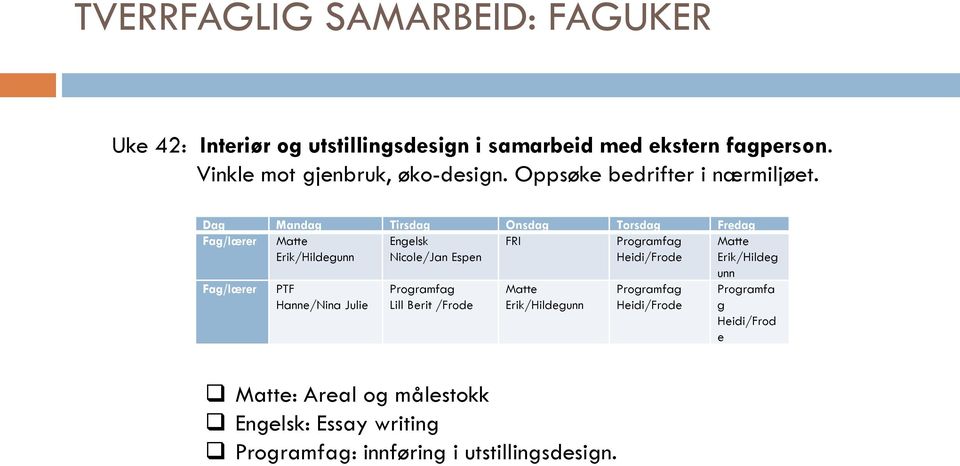 Dag Mandag Tirsdag Onsdag Torsdag Fredag Fag/lærer Matte Engelsk FRI Programfag Matte Erik/Hildegunn Nicole/Jan Espen Heidi/Frode