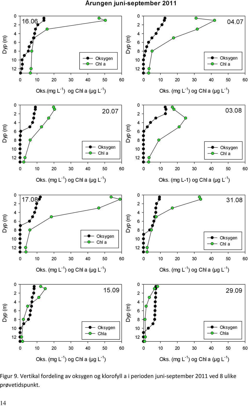 (mg L -1 ) og Chl a (µg L -1 ) 1 3 5 Oks. (mg L -1 ) og Chl a (µg L -1 ) 15.9 9.9 1 Chla 1 Chla 1 3 5 Oks.