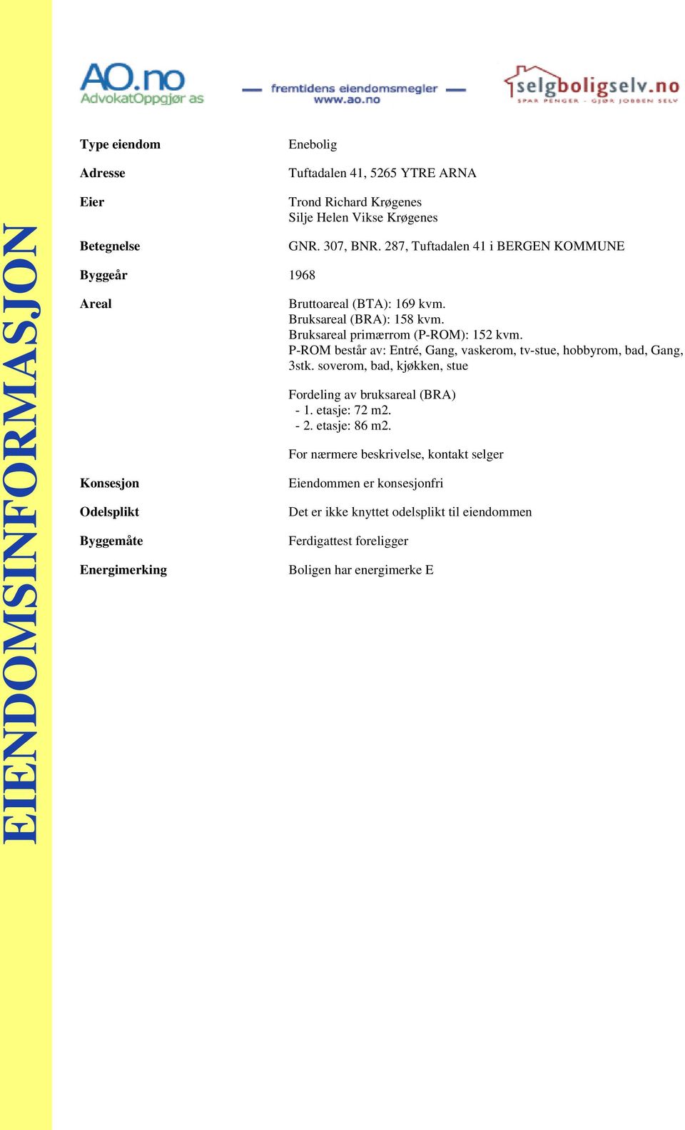 Bruksareal primærrom (P-ROM): 152 kvm. P-ROM består av: Entré, Gang, vaskerom, tv-stue, hobbyrom, bad, Gang, 3stk.