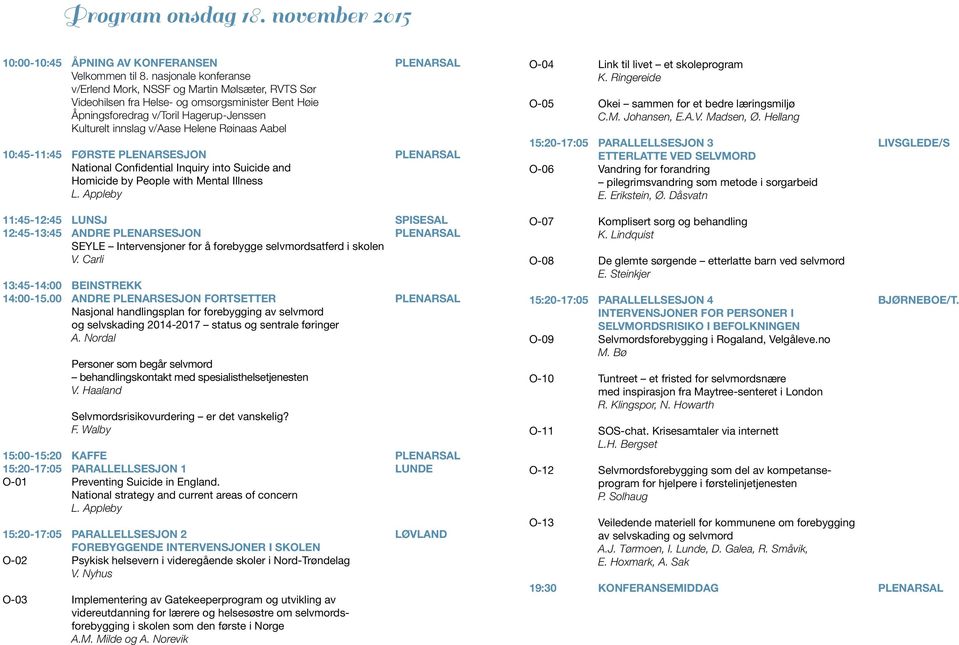 Røinaas Aabel 10:45-11:45 FØRSTE PLENARSESJON PLENARSAL National Confidential Inquiry into Suicide and Homicide by People with Mental Illness L.