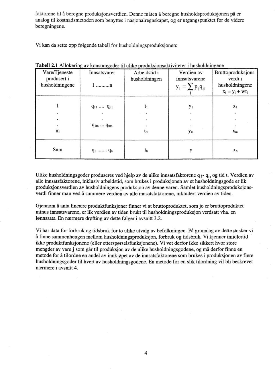 Vi kan da sette opp følgende tabell for husholdningsproduksjonen: Tabell 2.